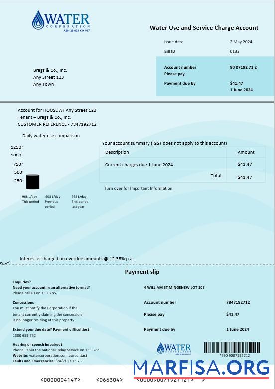 Realistic Australia Water Corporation WA business utility bill word and pdf. doc download for verification